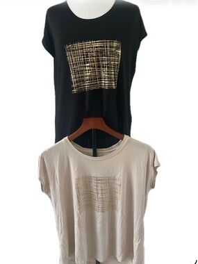 Laura’s Set of Short Sleeve Tees with Metallic Grid Print - Black & Cream